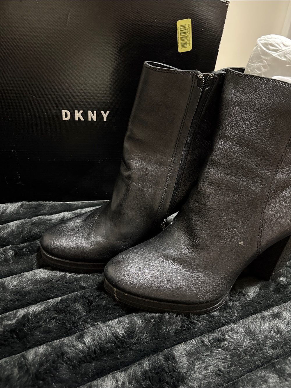 DKNY Black Leather Mid-Calf Heeled Boots with Side Zip